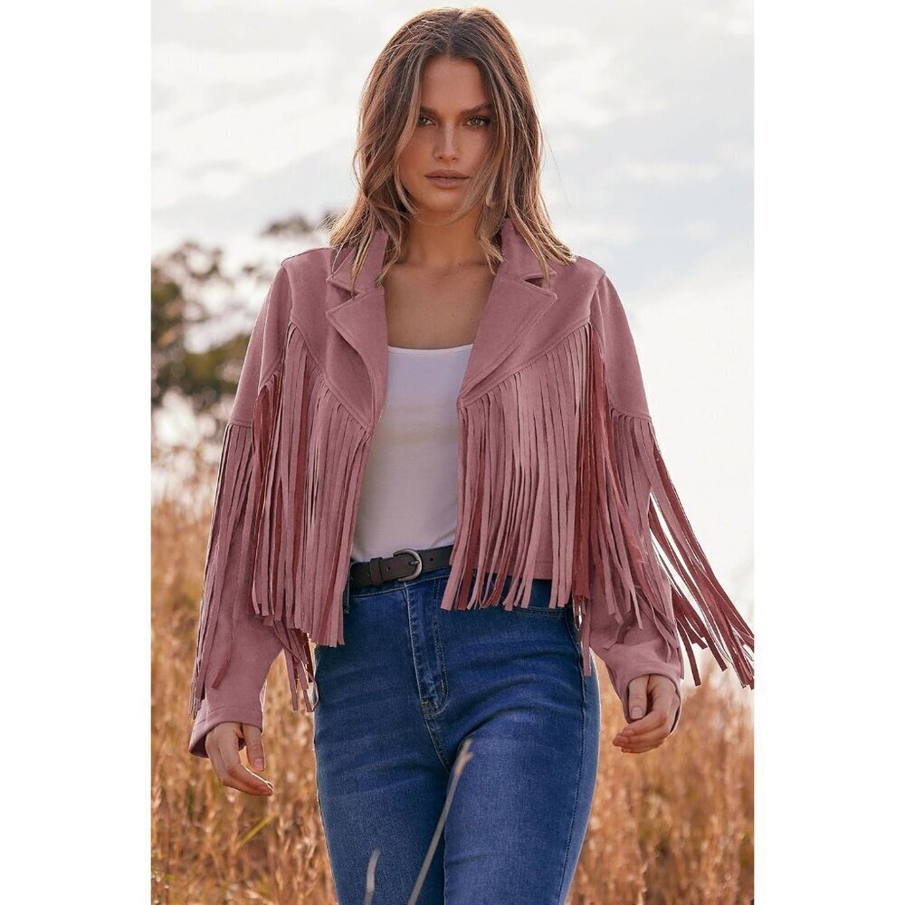 🆕Women's Dark Pink Fringe Faux Suede Leather Jacket Tassel Cropped Fall Coat - Picture 5 of 9